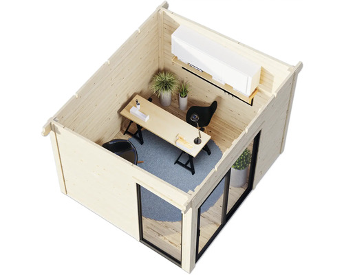 Bureau en bois avec bureau, chaises, climatisation et plantes