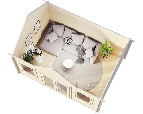 Vue intérieure d''un abri de jardin avec canapé et décoration