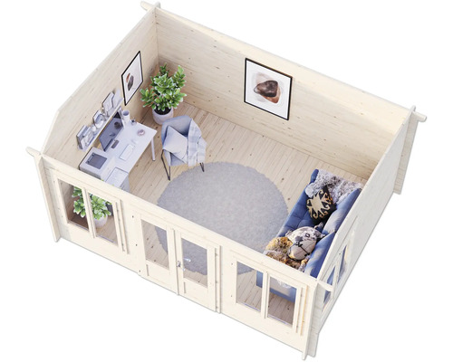 Innenansicht eines Gartenhauses mit Schreibtisch, Stuhl und Sofa