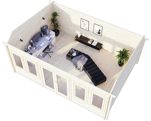 Innenraum eines Holzhauses mit Arbeitsplatz und Lounge-Bereich