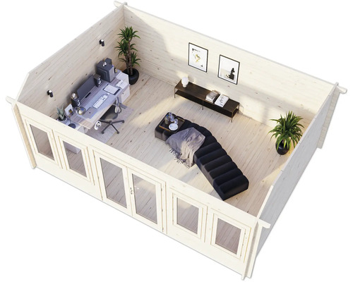 Vue intérieure d''un abri de jardin avec mobilier de bureau et coin détente