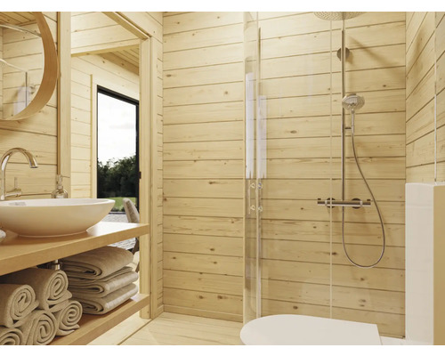 Salle de bain avec douche, lavabo et revêtement en bois