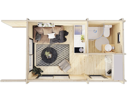 Vue de dessus d''une cabane en bois avec salon, kitchenette et salle de bain