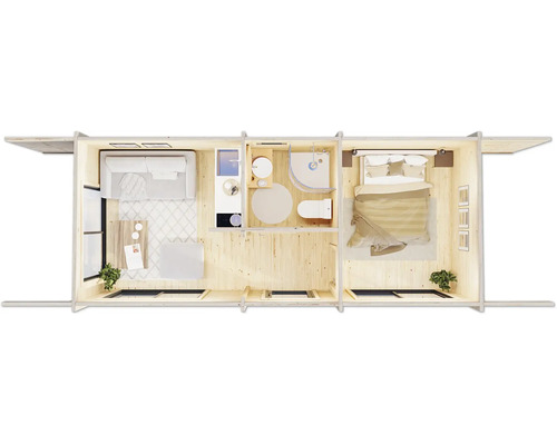 Plan d''une maison en bois avec salon, salle de bain et chambre