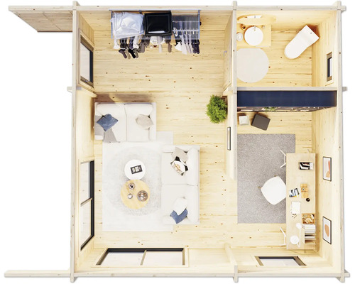 Vue de dessus d''une maison en bois avec salon, salle de bain et bureau