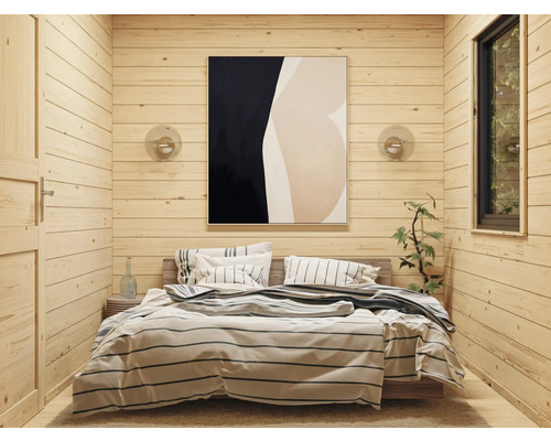 Chambre avec murs en bois, lit et art abstrait