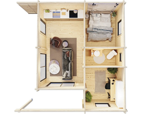 Vue de dessus d''une maison en bois à deux étages avec mobilier et décoration intérieure