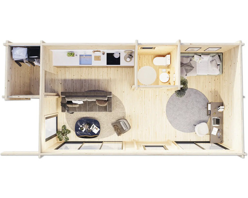 Plan d''une maison en bois avec salon, cuisine, salle de bain et chambre