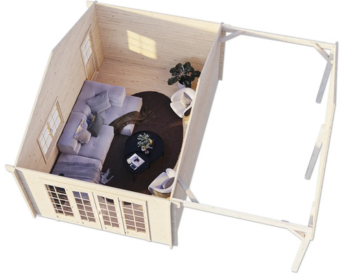 Innenansicht eines Holzhauses mit Sofa, Tisch und Stühlen