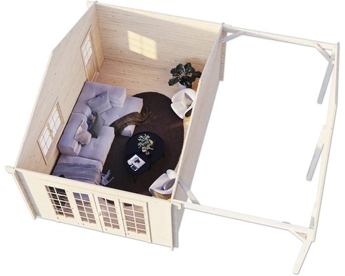 Vue intérieure d''un abri de jardin avec meubles et fenêtres