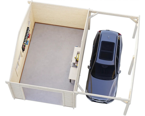 Vue de dessus d''un garage en bois avec voiture et établi