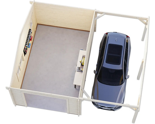 Draufsicht auf eine Holzgarage mit Auto und Werkbank