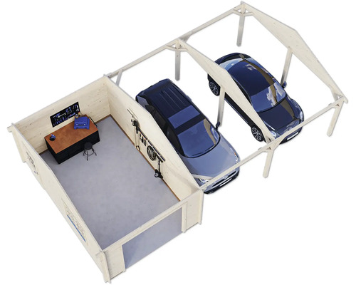 Garage double en bois avec atelier et deux voitures
