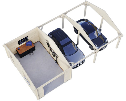 Garage double en bois avec atelier et deux voitures