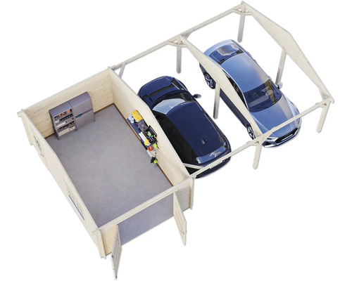 Représentation d''un garage en bois avec deux places de parking, une pièce de rangement avec des étagères et un établi, comprenant deux voitures.