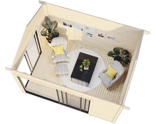 Vue intérieure d''une maison en bois avec meubles, plantes et décoration