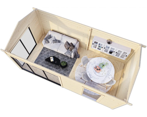 Vue intérieure d''un abri de jardin avec coin salon, table à manger et fenêtres.