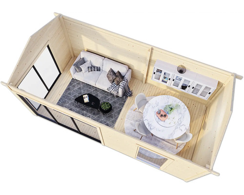 Vue intérieure d''une maison en bois avec salon et salle à manger