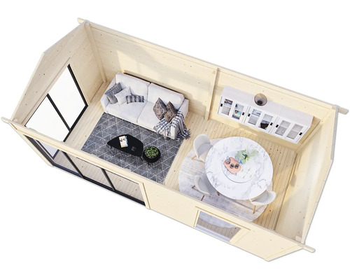 Vue intérieure d''une maison en bois avec coin salon et coin repas