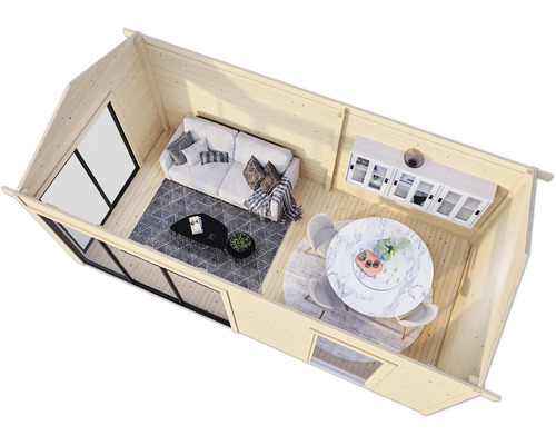 Vue intérieure d''une maison en bois avec salon et salle à manger.