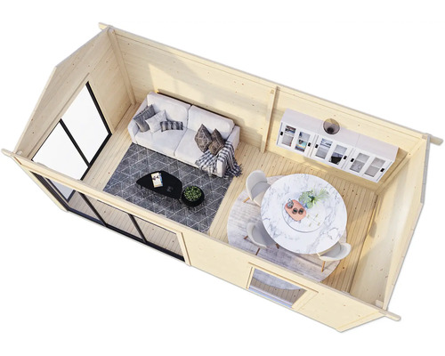 Vue intérieure d''une maison en bois avec coin salon et coin repas