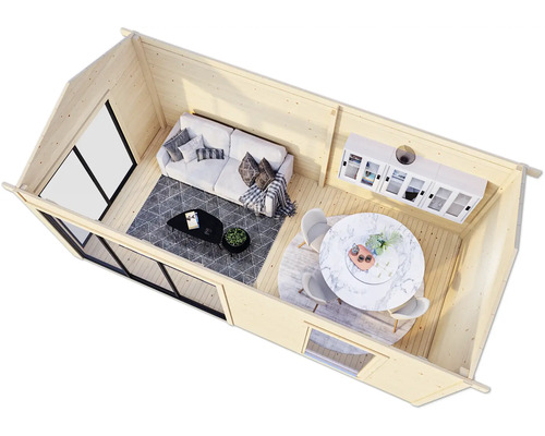 Vue intérieure d''un pavillon de jardin moderne avec coin salon et coin repas.