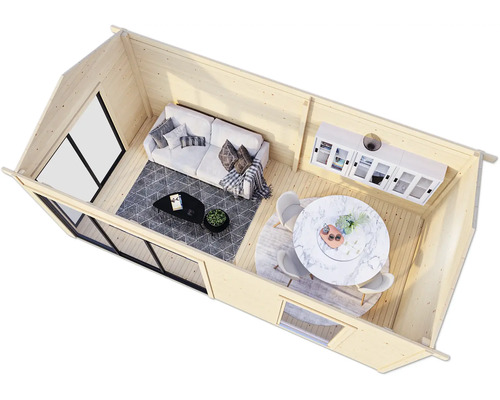 Vue intérieure d''un chalet de jardin avec coin salon et coin repas.