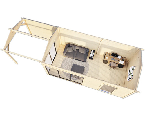 Holzgartenhaus mit Wohnbereich und Arbeitsplatz, Aufsicht