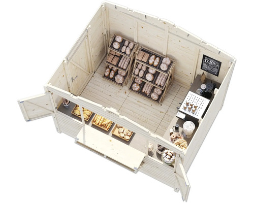 Blick von oben auf ein Holzgartenhaus, das als Bäckerei mit Brotregalen, Theke und Kaffeemaschine eingerichtet ist.