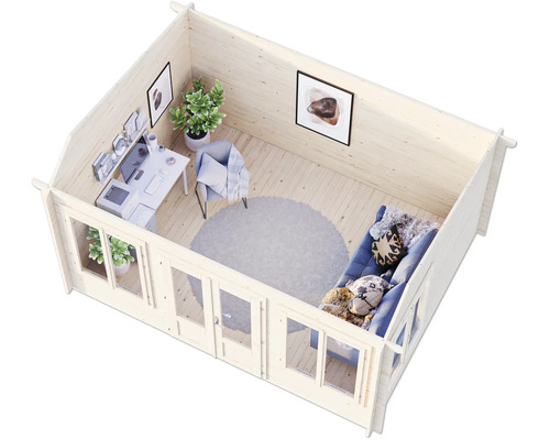 Vue intérieure d''un abri de jardin avec bureau, chaise, canapé et décorations.