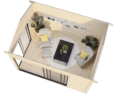 Vue intérieure d''une cabane de jardin avec mobilier et décoration