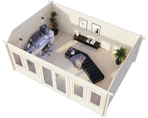 Vue intérieure d''un abri de jardin avec bureau et coin détente