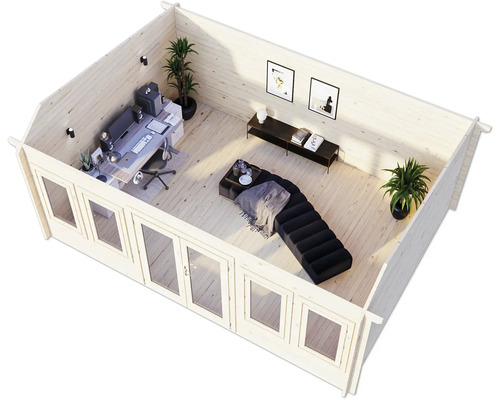 Vue intérieure d''une maison de jardin lumineuse avec mobilier de bureau et coin salon.
