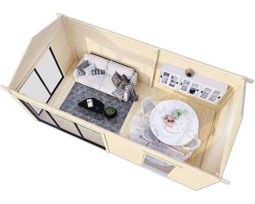 Vue intérieure d''une maison en bois avec coin salon et salle à manger