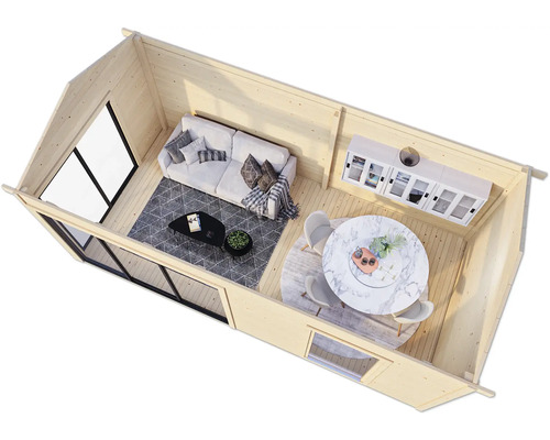 Vue intérieure d''une maison en bois avec salon et salle à manger