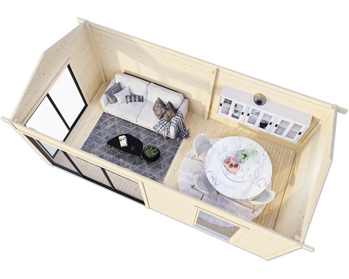 Vue intérieure d''une maison en bois avec coin salon et salle à manger