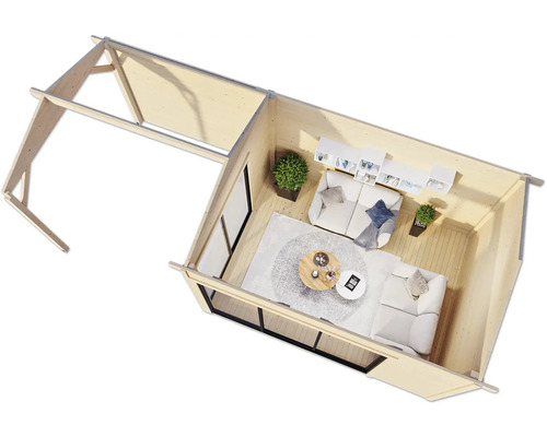 Plan d''une maison en bois avec espace de vie, meubles et fenêtres