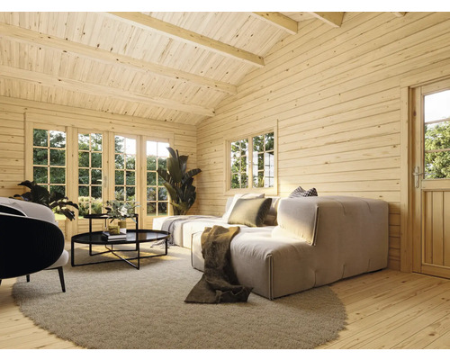 Pièce en bois clair avec canapé, fenêtres et porte