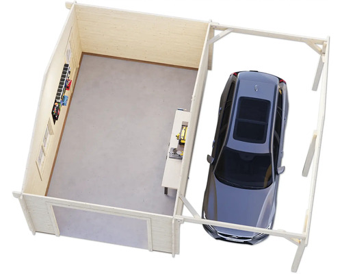 Vue de dessus d''un garage en bois avec voiture, établi et outils