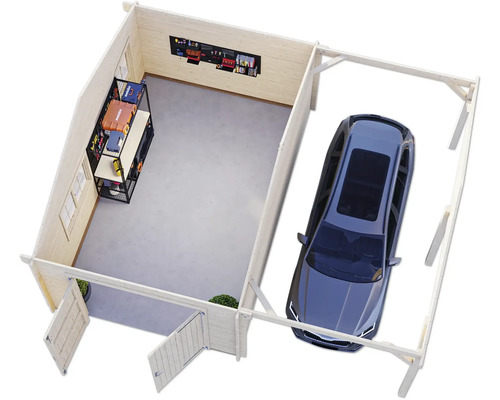Draufsicht einer Holzgarage mit Werkbank, Werkzeugwand und Auto