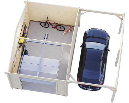 Vue de dessus d''un garage avec voiture, vélo et étagère à outils.