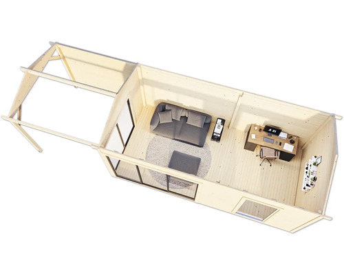 Vue intérieure d''une maison en bois avec un espace de vie et un espace de travail