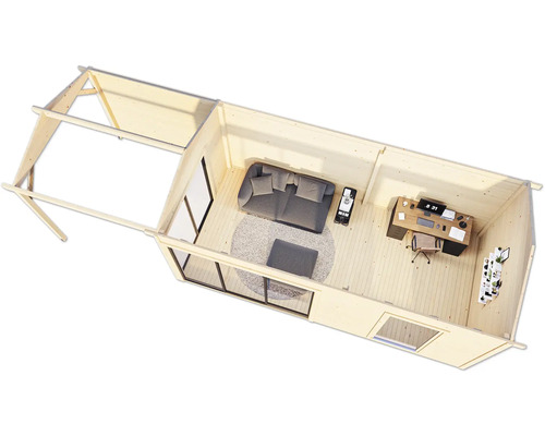 Vue intérieure d''une maison en bois avec espace de vie et bureau