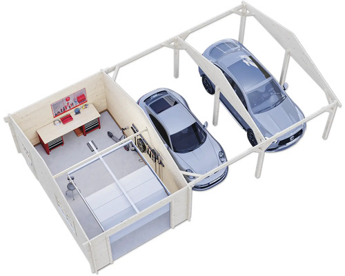 Illustration einer Garage aus Holz mit Werkbank und Stellplatz für zwei Autos