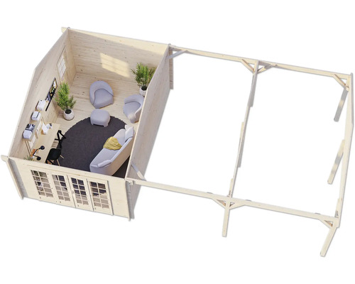 Visualisation d''un abri de jardin avec bureau et terrasse couverte