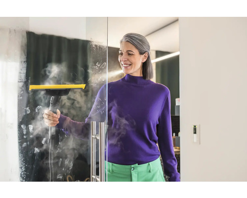 Femme nettoie une paroi en verre avec un nettoyeur vapeur