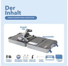 Dremel Blueprint mobile Sägestation mit Kompaktsäge, Sägetischkoffer, Akku, Ladegerät, Multi Material Kreissägeblatt, Schraubzwingen, Adapter für Staubsauger, Parallelanschlag, Werkstückhalter und Erhöhungsplatten.