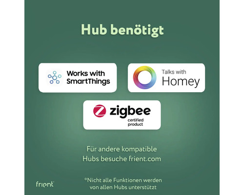 Kompatibel mit SmartThings, Homey und Zigbee. Hub erforderlich.