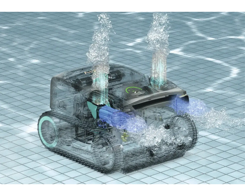 Robot de nettoyage de piscine en action avec jets d''eau
