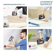 Anwendungsbeispiele für den Novus J-17 Handtacker: Polstern, Bilderrahmen bespannen, Dachboden isolieren und Folie befestigen.